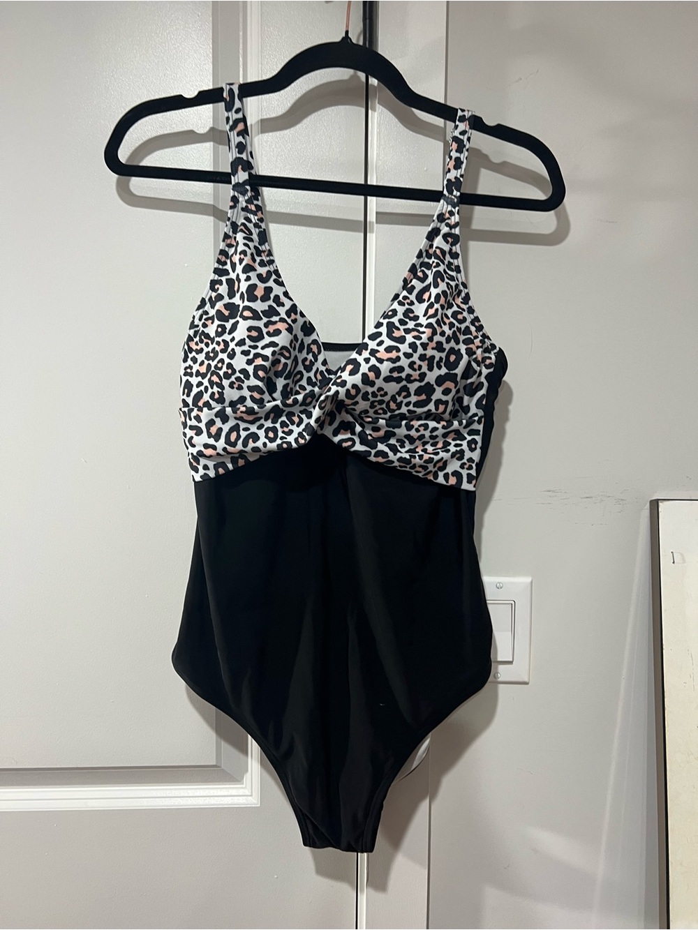 SHEIN Black One-Piece Swimsuit with Leopard Print Top
